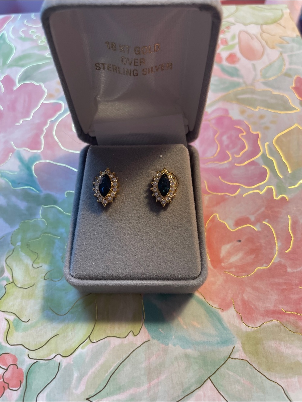 Gold Over Sterling Silver Blue Marquise Halo Earrings